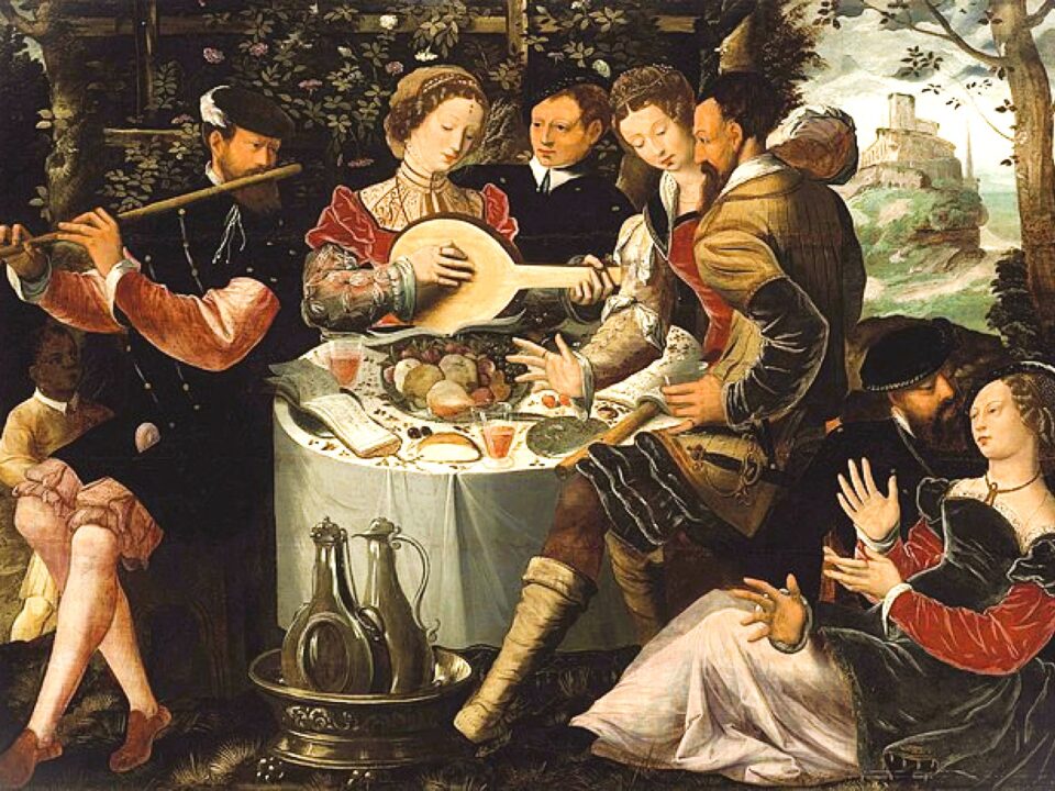 Ambrosius Benson (ca. 1495-1550) - Elegante compagnia con musicisti seduti a un tavolo in un paesaggio. Pillole di storia: come musica e cucina si possono unire gradevolmente con la musica da tavola.